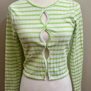 Topshop Ribbed Long‎ Sleeve Cut Out Top Small Green Stripes Stretchy NWOT